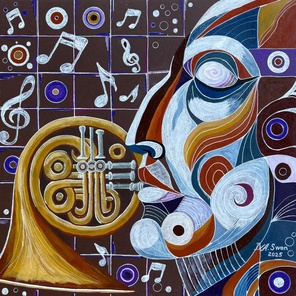 Man with a French horn. Contemporary Cubist Music Art