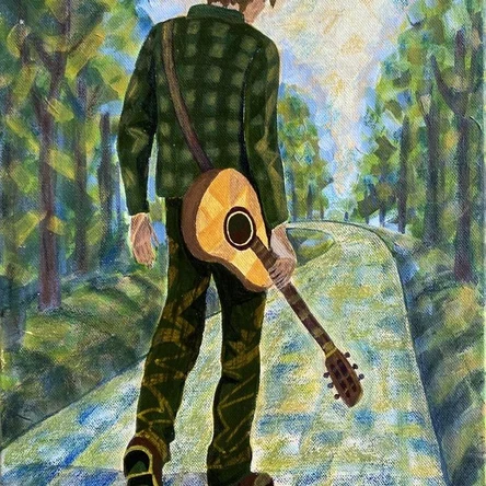 The Path of a Lonely Guitarist – Figurative Music Art, Acrylic, Pastel on Canvas