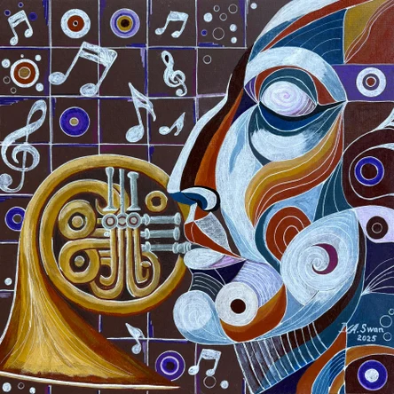 Man with a French horn. Contemporary Cubist Music Art