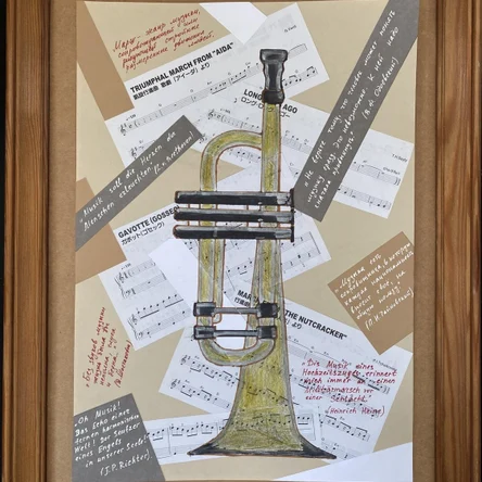 Trumpet Collage with Music Quotes – Classical Brass Instrument Wall Art, Mixed Media, Inspirational Decor