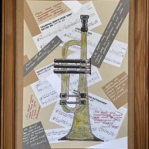 Trumpet Collage with Music Quotes – Classical Brass Instrument Wall Art, Mixed Media, Inspirational Decor