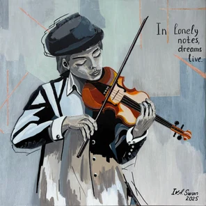 Dreams in Lonely Notes. Boy with Violin in Grey Tones