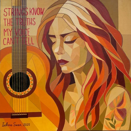 Strings of Her Soul. Red-Haired Woman with Guitar in Warm Tones